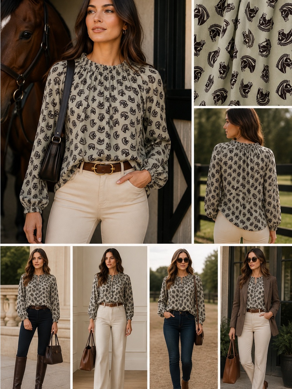 Ann Taylor Equestrian Vibe Taupe Blouse with Black Horse-Print